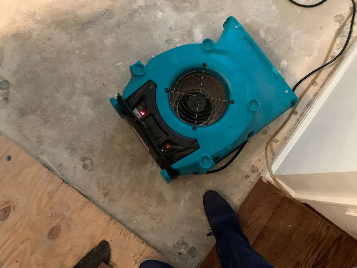 Air mover drying subfloor during Leak Detection & Repair in West Rancho Dominguez